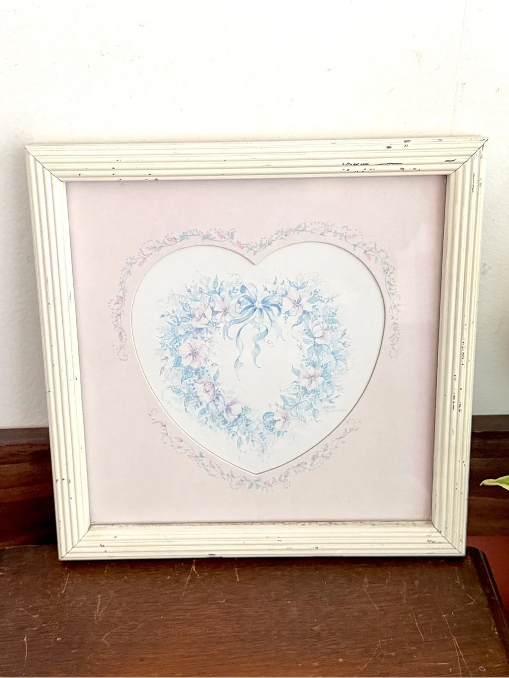 Vintage Cottagecore Framed Floral Heart Bow Wreath Print Shabby Chic Wall Art